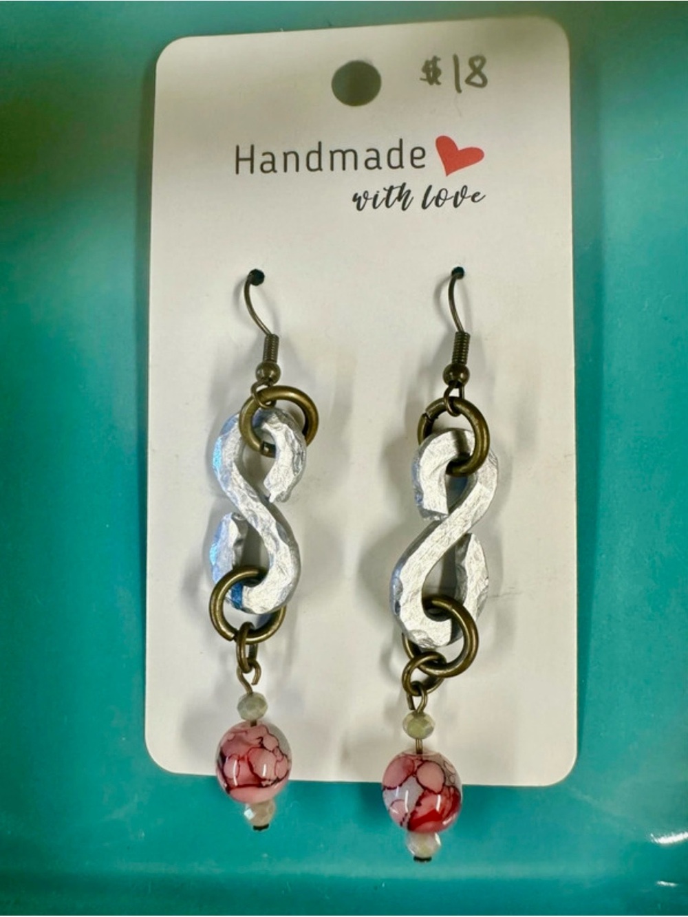 Handmade Silver Twist Dangle Earrings with Red Beads